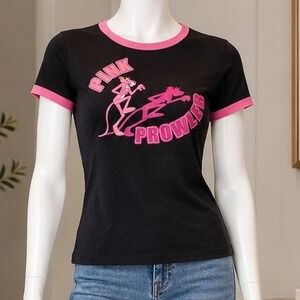 Pink Panther Womens Ringer T-Shirt Black Pink Prowler Graphic OSFM